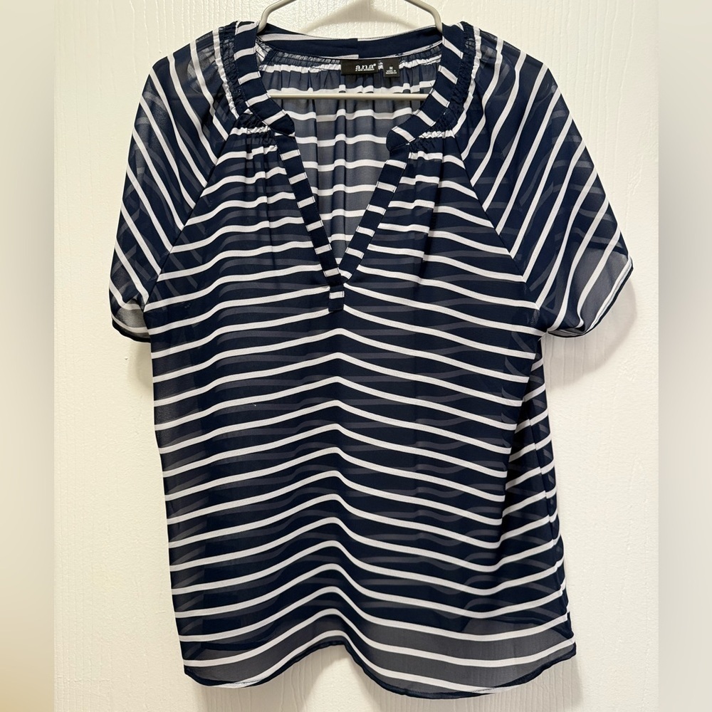 A.N.A Navy and White Striped Sheer Blouse Size Medium